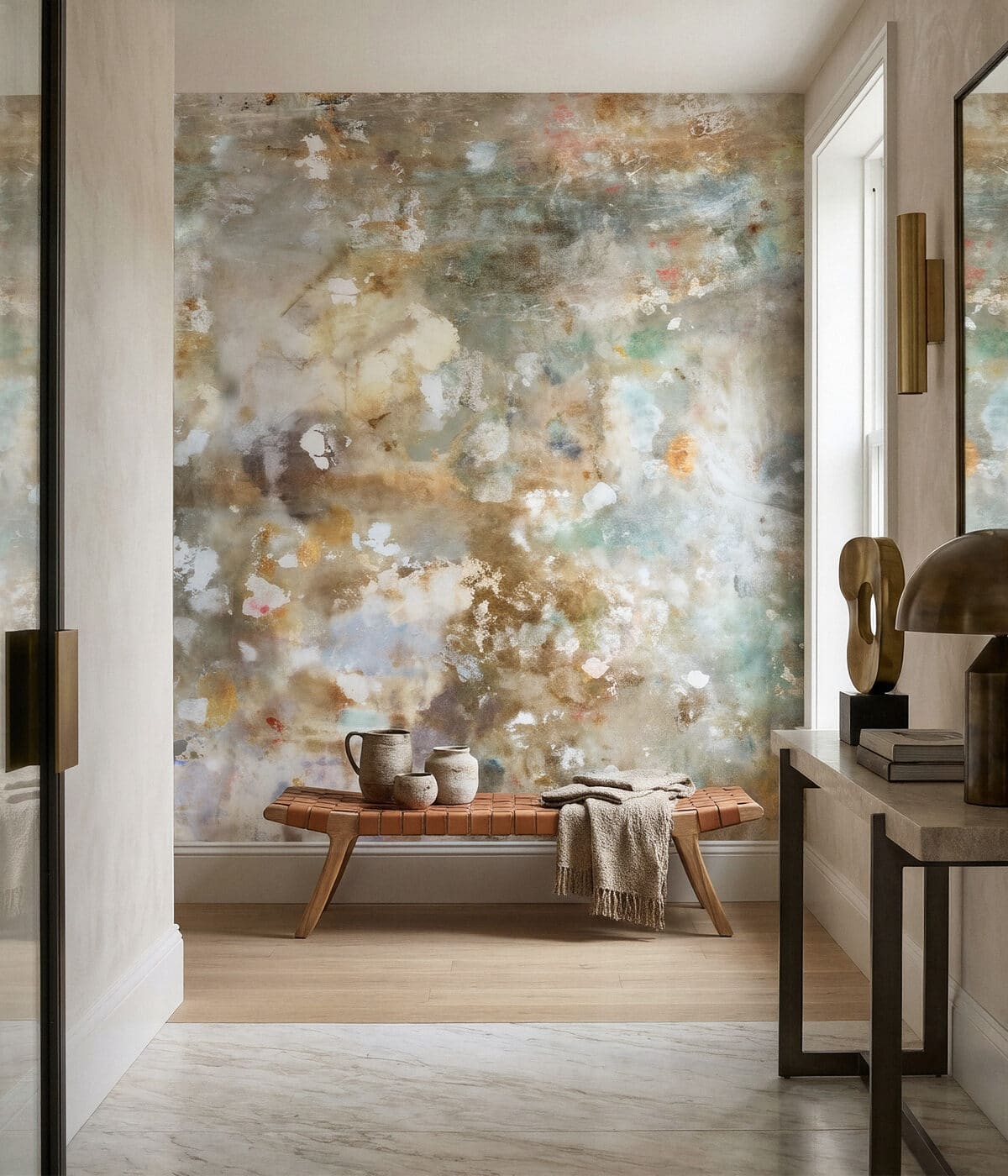 Modern living room with geometric decorative wallcovering
